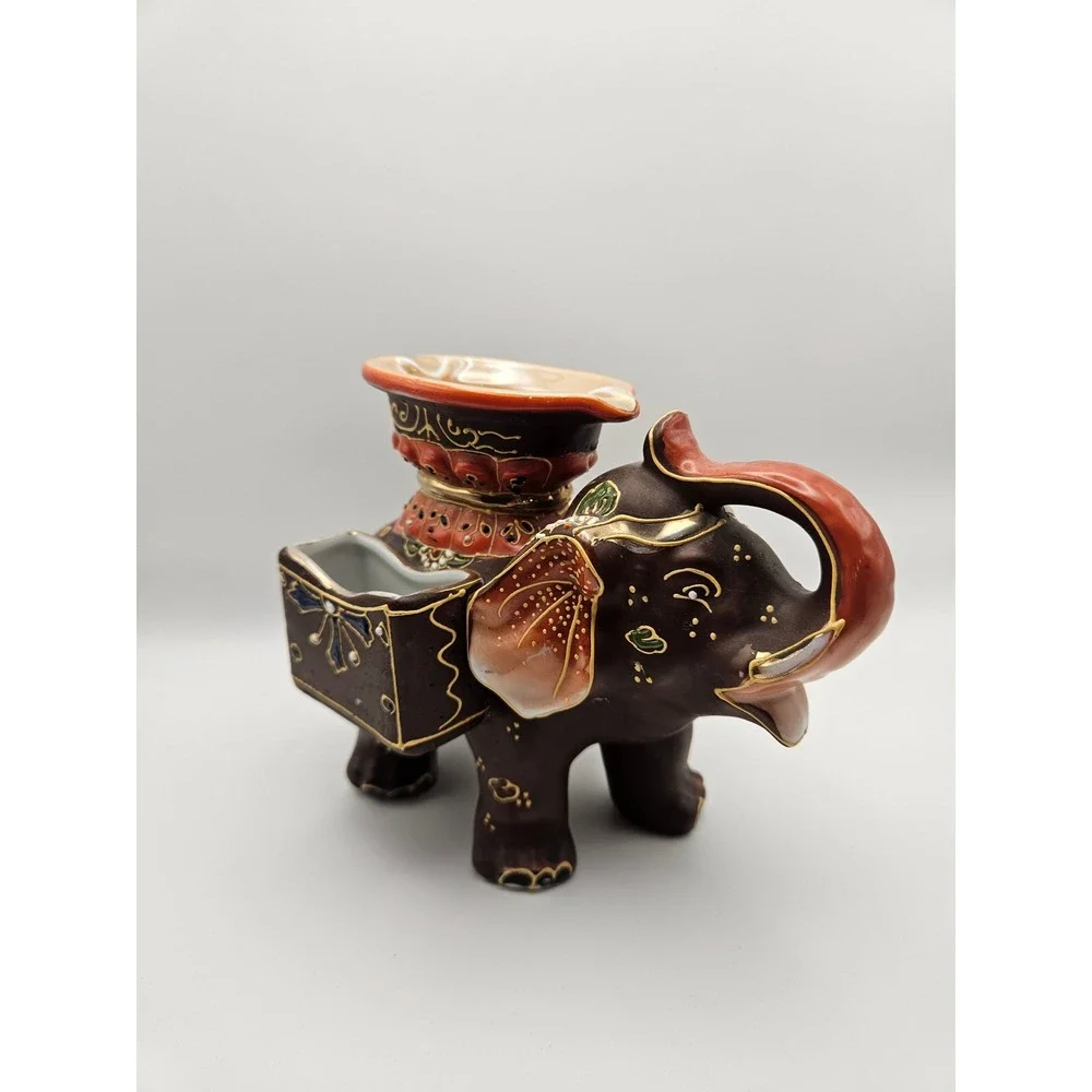 Vtg 1920's/30's Satsuma Moriage Elephant Ashtray Cigarette & Match Holder, Japan